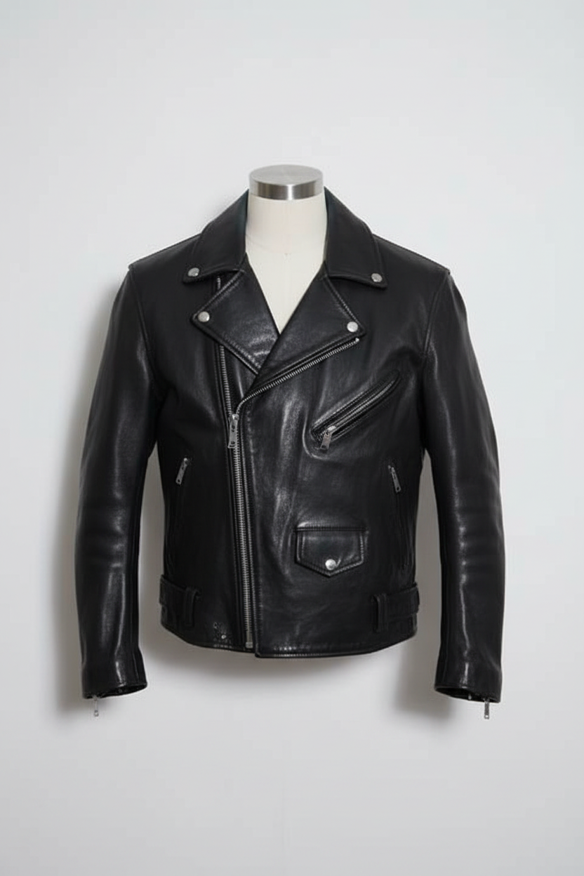 Vintage men Akaso Guiness genuine leather black leather biker zipper jacket M|L29W21|SKU 6711