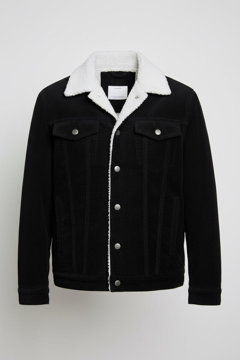 Vintage men Bershka black Corduroy button down jacket with faux inner XS|L27W20|SKU 6728
