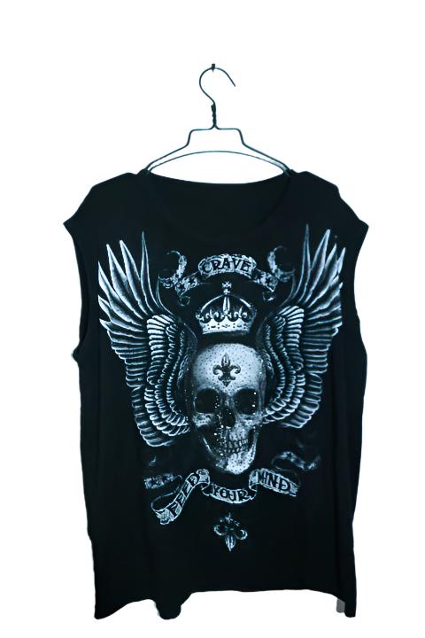 Vintage men Black Grunge Skull graphics oversize tank top 2XL|L30 W27|SKU 6583
