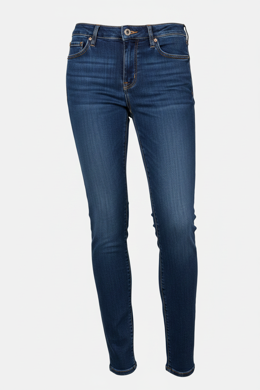 A pair of vintage blue American Eagle Outfitters skinny jeans laid out flat on a white background.