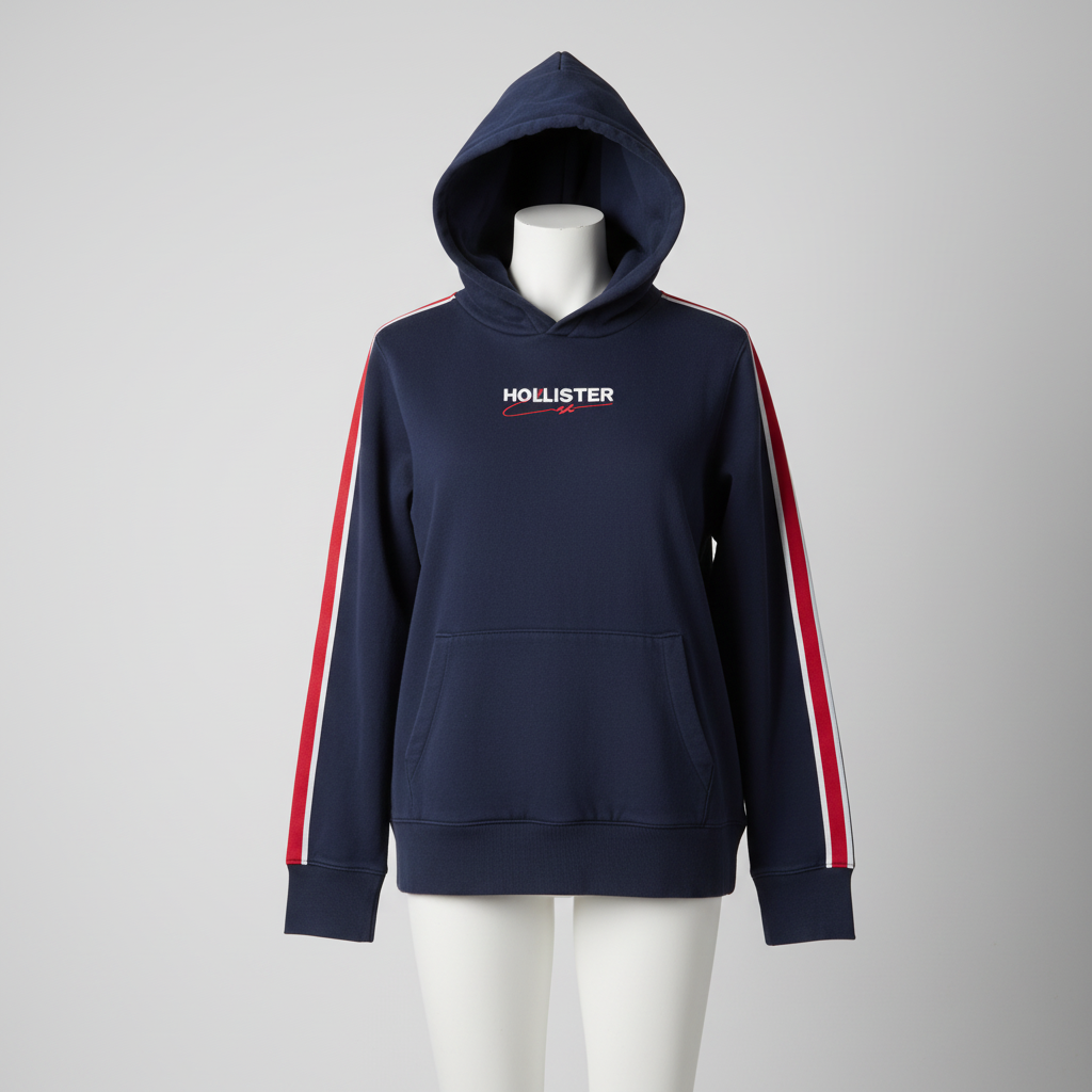 A navy blue Hollister hoodie with red and white stripes down the sleeves and a white logo on the chest, laid flat against a white background.