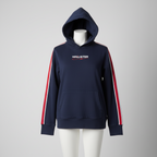 A navy blue Hollister hoodie with red and white stripes down the sleeves and a white logo on the chest, laid flat against a white background.