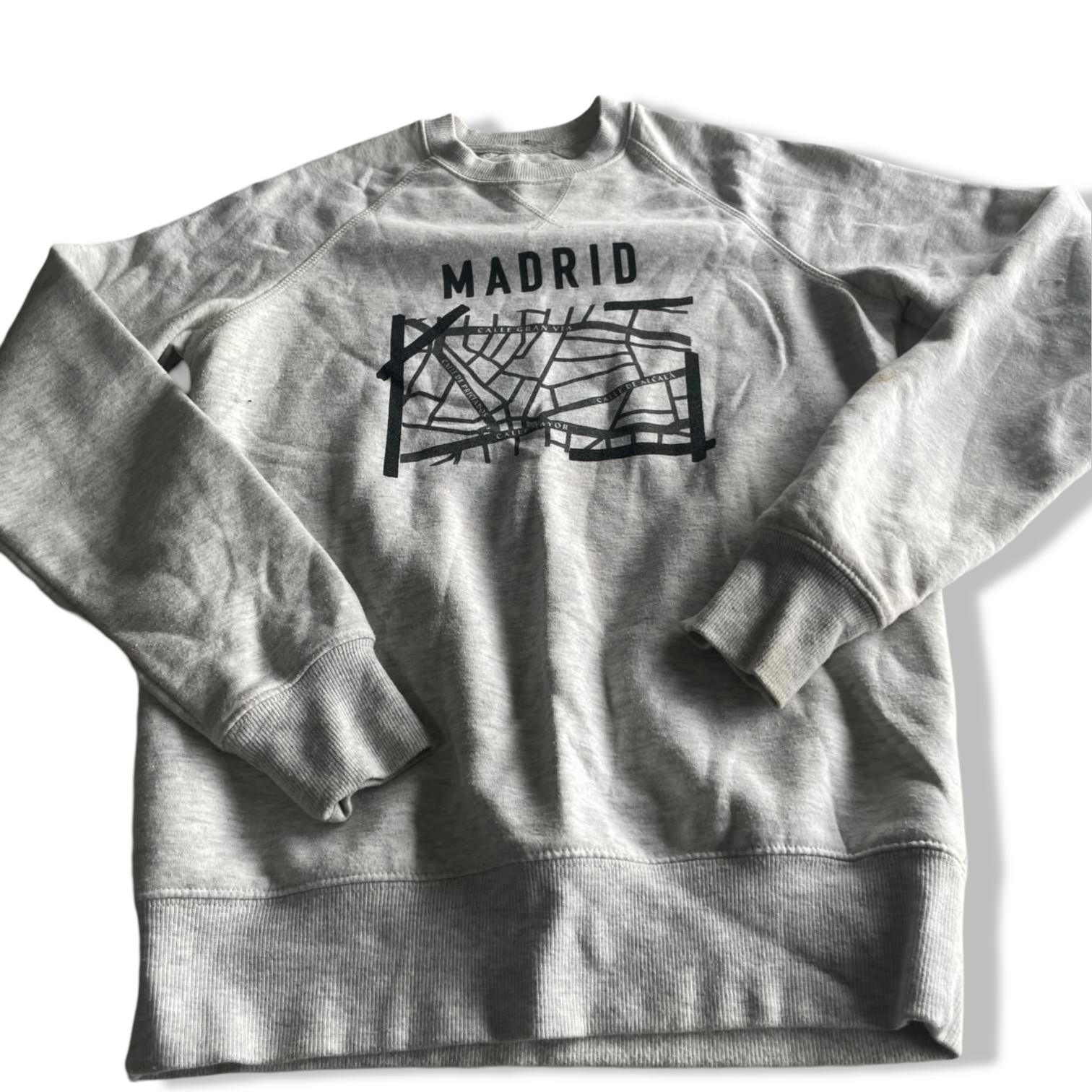 Vintage men Primark Madrid graphics grey sweatshirt in S|L26 W19|SKU 5580