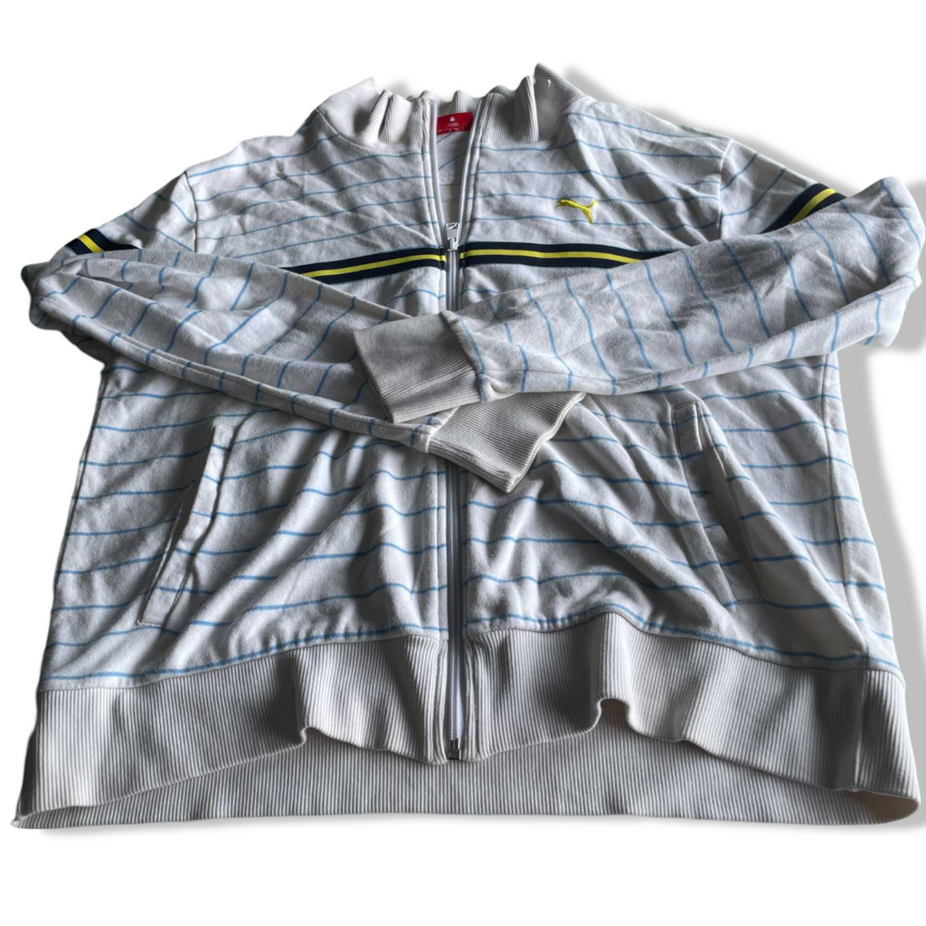 Vintage men Puma white striped full zip wind breaker track jacket in L|L29 W22|SKU 5641