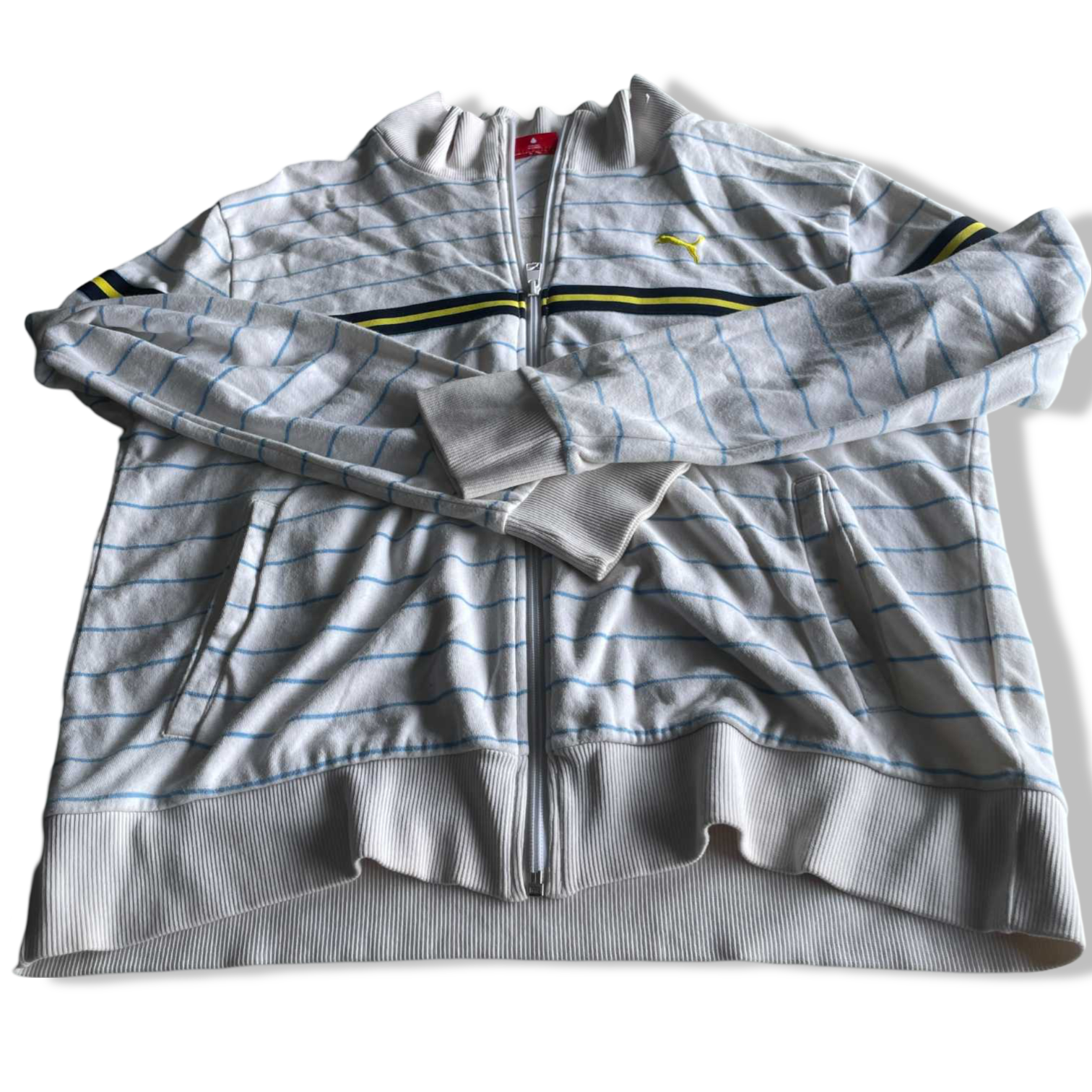 Vintage men Puma white striped full zip wind breaker track jacket in L|L29 W22|SKU 5641