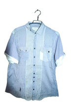 Vintage men River Island grey stripe double pocket short sleeve quality shirt in L|L34 W24|SKU 6604