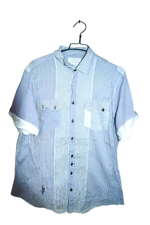Vintage men River Island grey stripe double pocket short sleeve quality shirt in L|L34 W24|SKU 6604