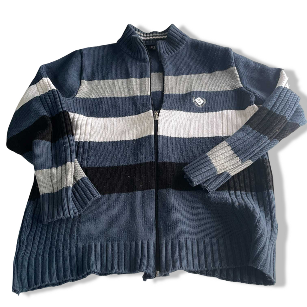 Vintage men Sel blue navy multi stripe high neck knitted full zip sweater in L|SKU 5731