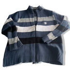 Vintage men Sel blue navy multi stripe high neck knitted full zip sweater in L|SKU 5731