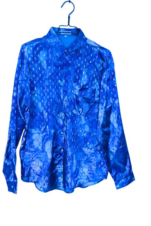 Vintage men Thai silk blue patterned long sleeve shirt in XL|L32 W21|SKU 6541