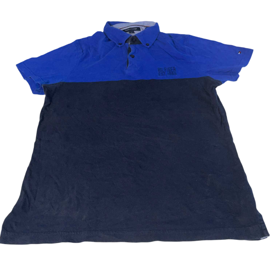 Vintage men Tommy Hilfiger Blue colourblock short sleeve slim fit 90's polo shirt in M|L27 W20|SKU 5543