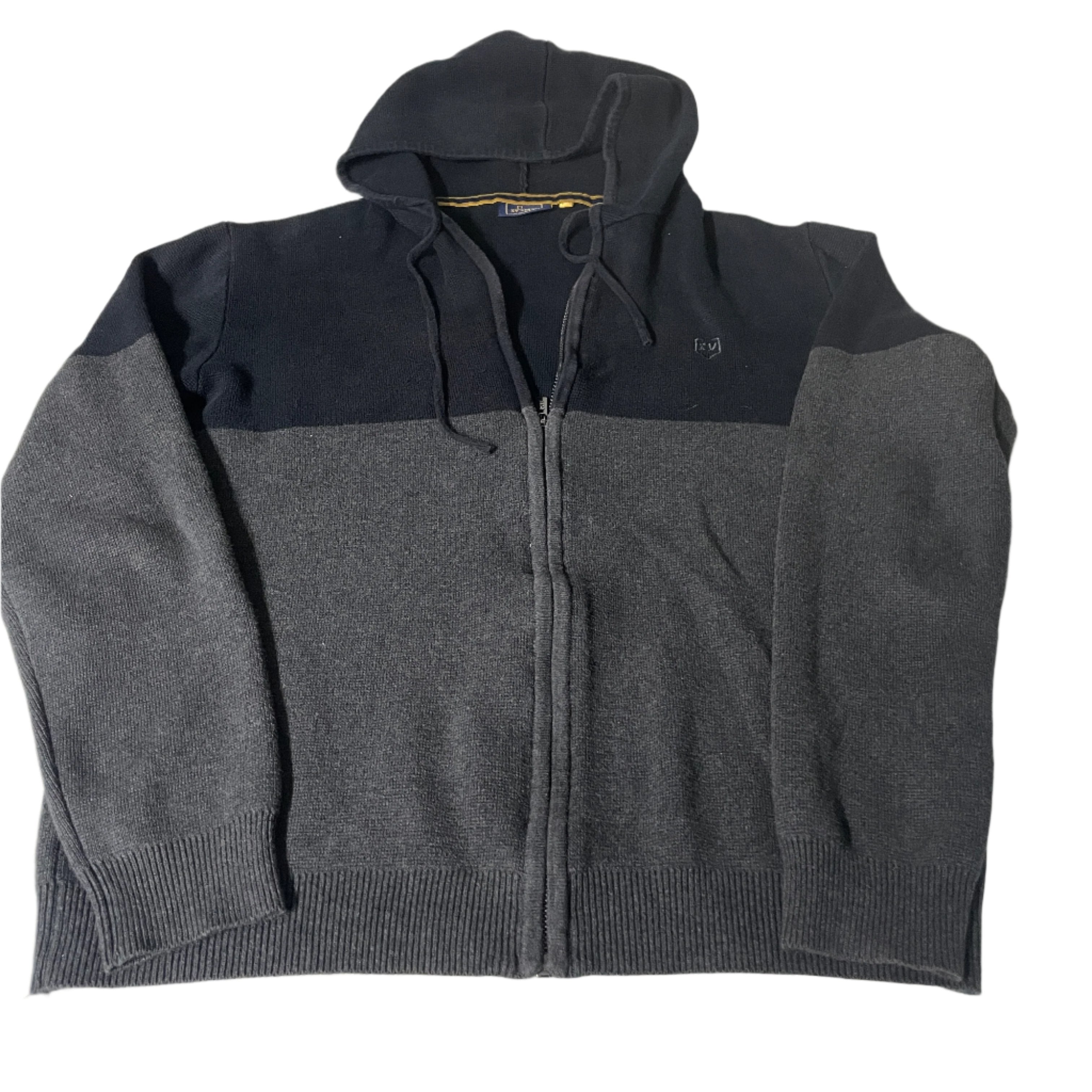 Vintage men XV king Ireland grey navy knitted colourblock full zip hoodie in M|L27 W21|SKU 6529