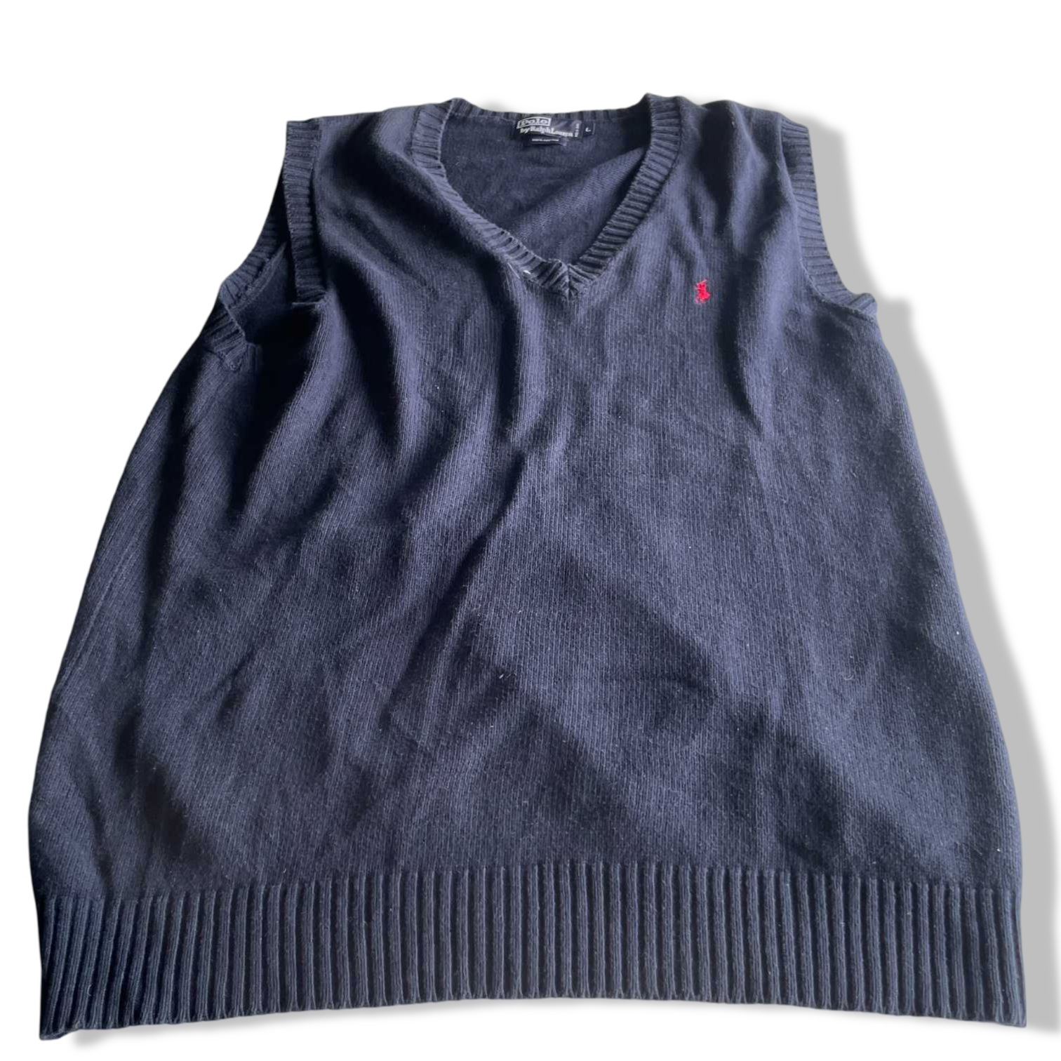 Vintage men polo ralph lauren navy blue v-neck sleeveless sweater in L|L30 W19|SKU 5640