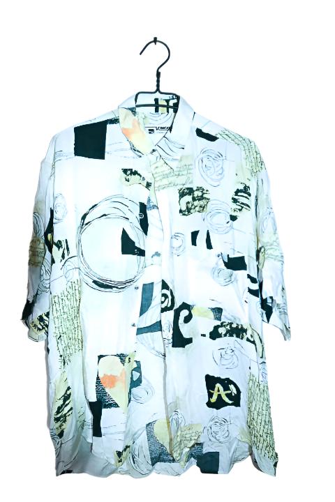 Vintage men white hawaiin abstract 90's short sleeve shirt in M/L|L34 W25|SKU 6589