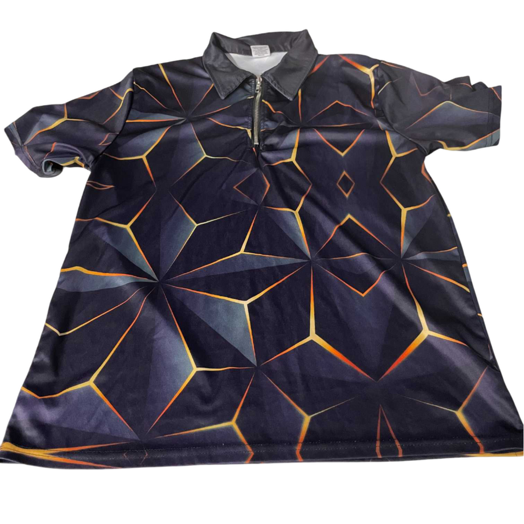 Vintage mens 3D pattern black short sleeve 1/4 zip polo shirt in M|L29 W18|SKU 5531