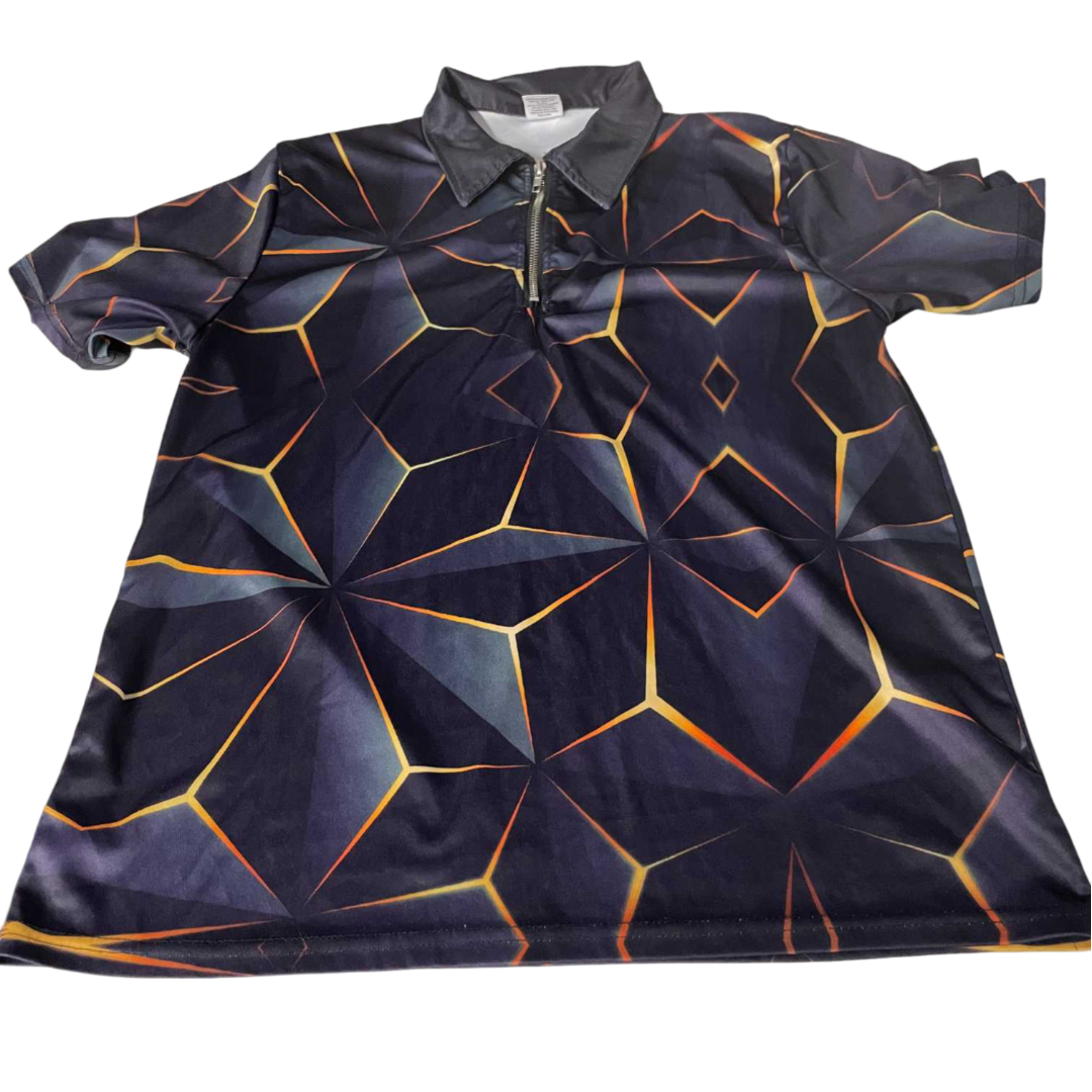 Vintage mens 3D pattern black short sleeve 1/4 zip polo shirt in M|L29 W18|SKU 5531