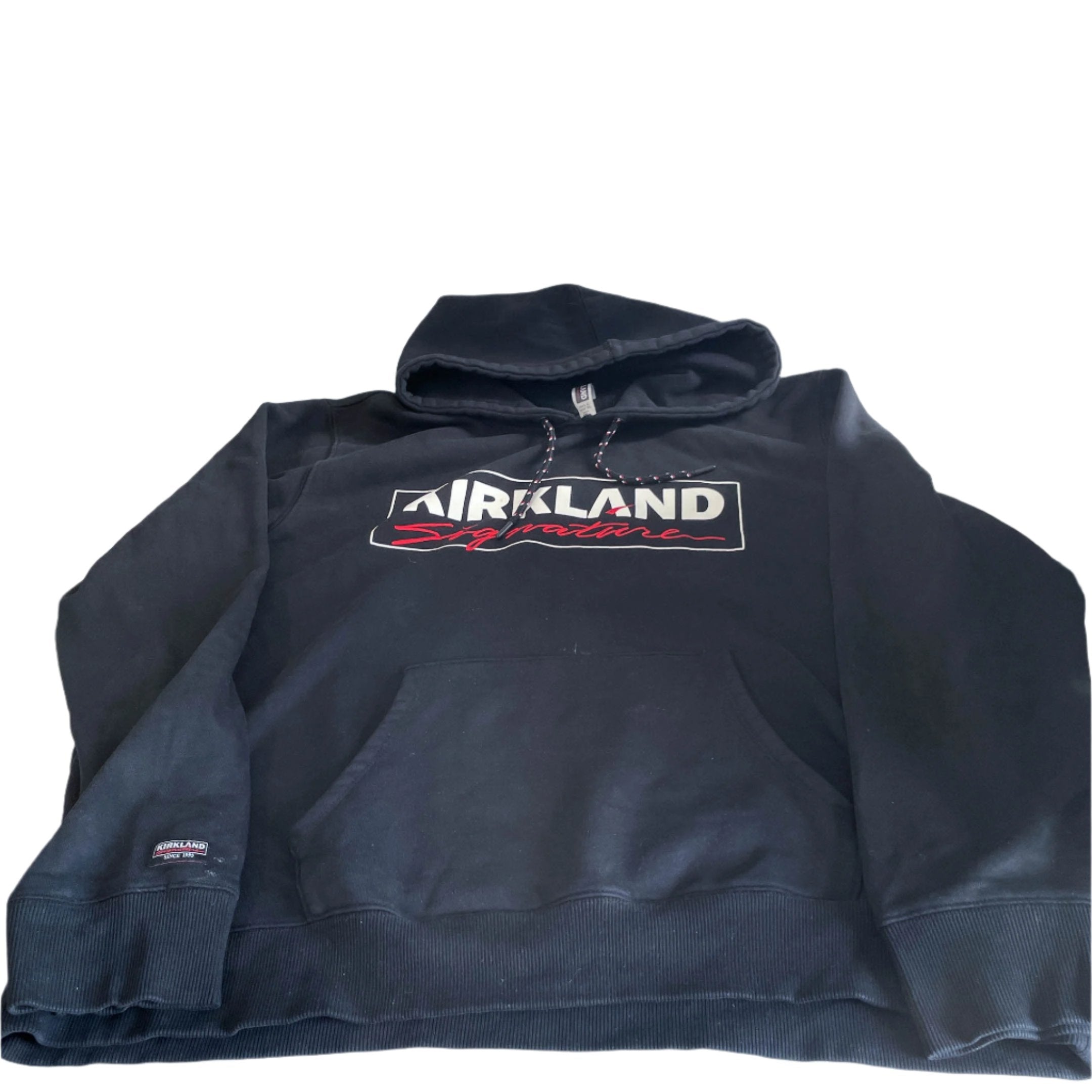 Vintage unisex Kirkland Signature graphics print black oversize hoodie in XL|L26 W25|SKU 6418