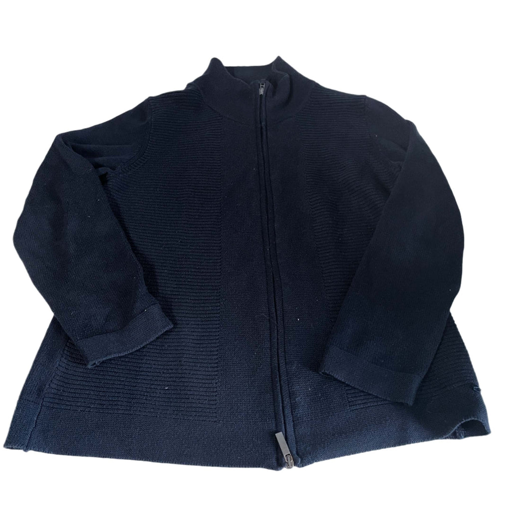 Vintage unisex black Olsen full zip mock neck sweater in L|L28 W18|SKU 6475