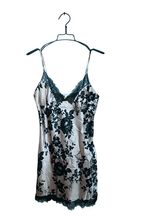 Vintage women 100% silk black and cream floral chemise lace night gown UK 10|L30 W16|SKU 6550