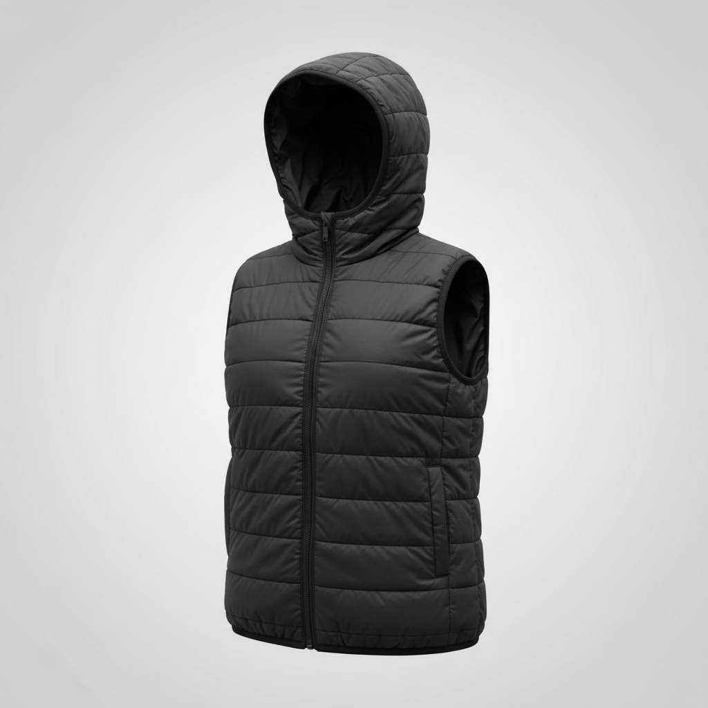 Vintage women 9-10YRS Fluid black puffer padded full zip sleeveless hoodie in S|L22 W18|SKU 5695