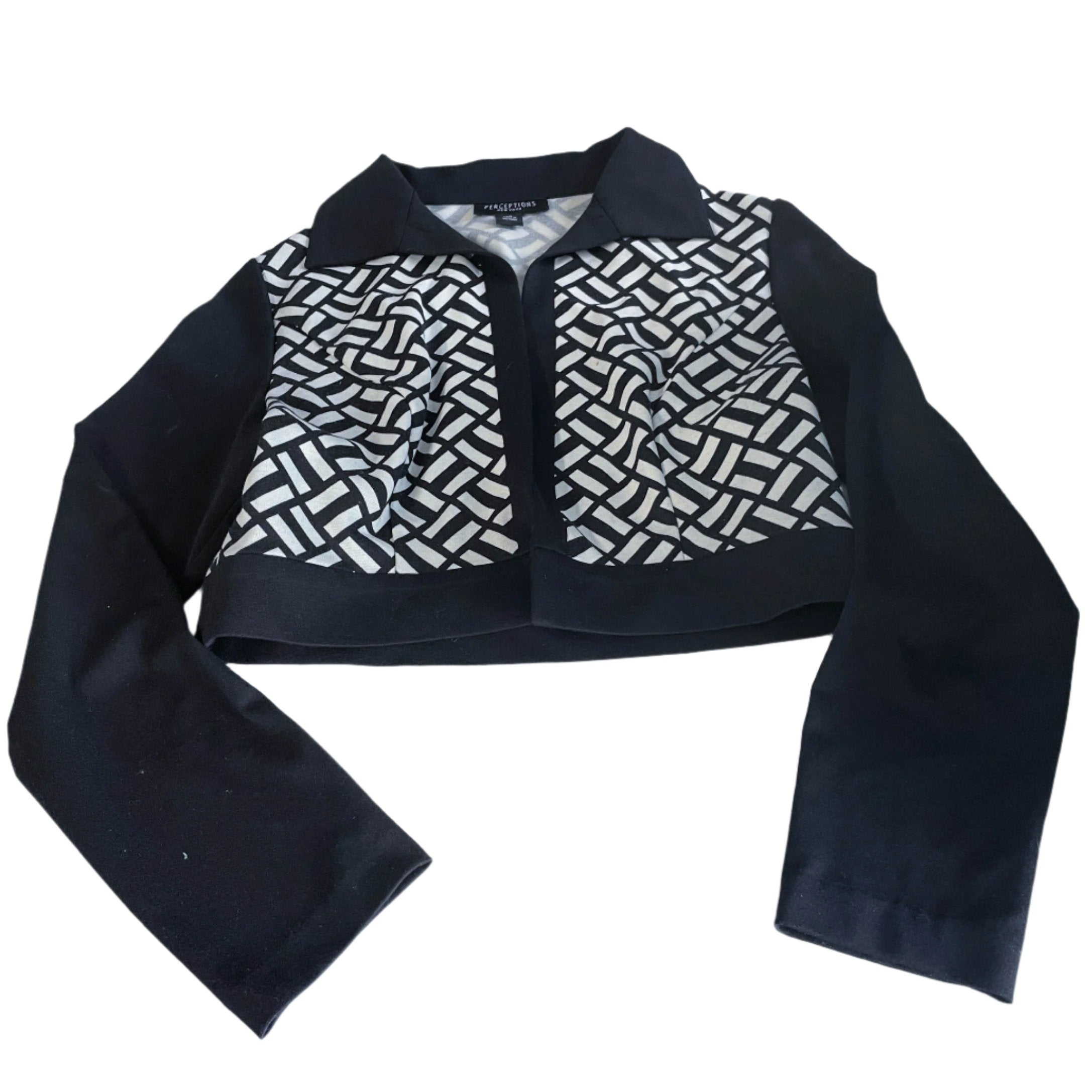 Vintage women Perceptions black & white geometric cropped full zip jacket size 12|L18 W14|SKU 6465