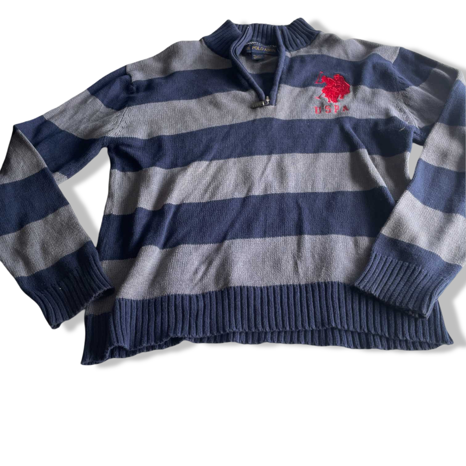 Vintage women US Polo Assn 1/4 zip grey navy stripe sweatshirt size 14/16|SKU 5652