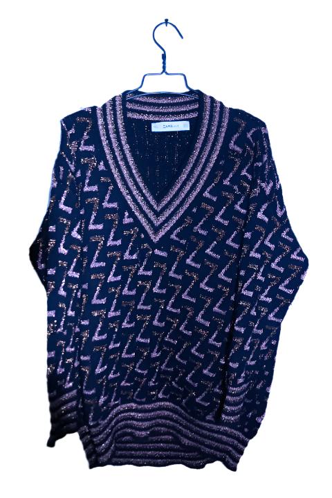 Vintage women Zara Knit metallic geometric Z V-neck oversize Navy sweater S|L33 W24|SKU 6721
