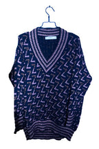 Vintage women Zara Knit metallic geometric Z V-neck oversize Navy sweater S|L33 W24|SKU 6721