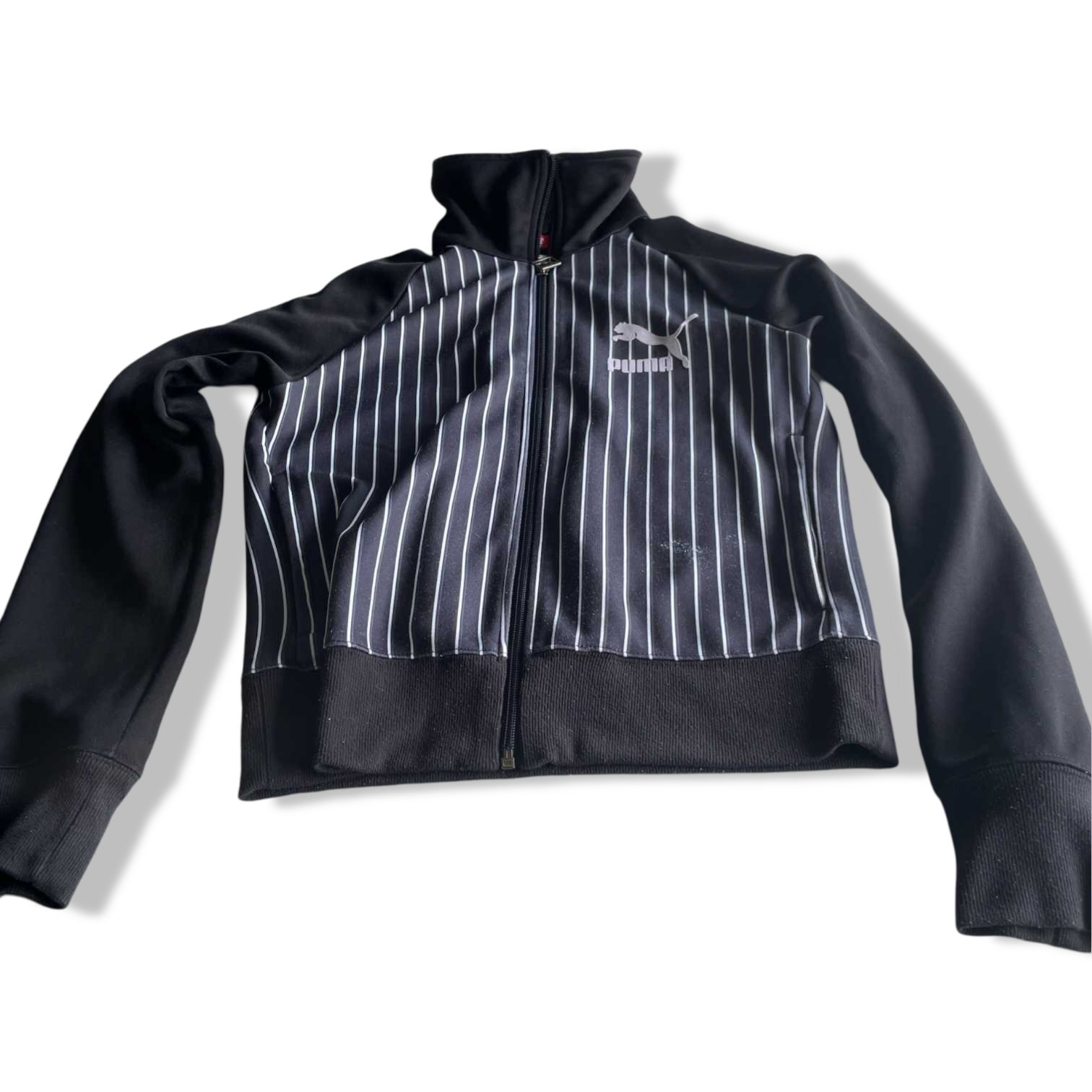 Vintage women black stripe puma full zip high neck track top in S|L26 W17|SKU 5649