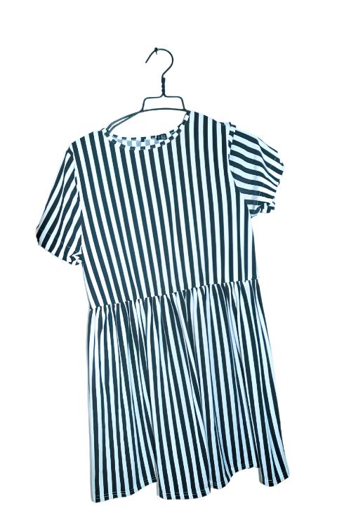 Vintage women black & white stripe babydoll round neck midi dress UK 10|L34 W15|SKU 6621