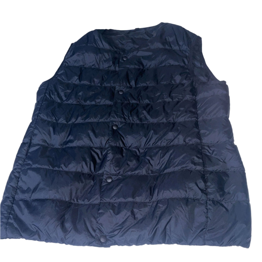 Vintage women button down puffer padded navy sleeveless jacket in S|L25 W19|SKU 6502