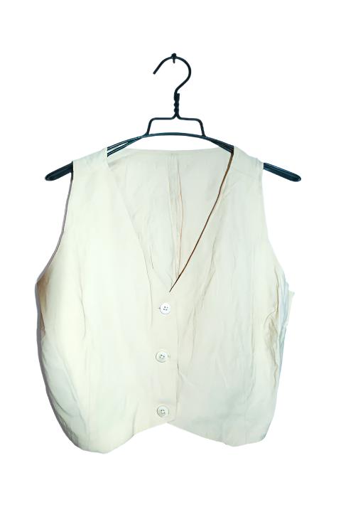 Vintage women cotton canvas V-neck button down beige waist coat UK10|L19 W19|SKU 6614