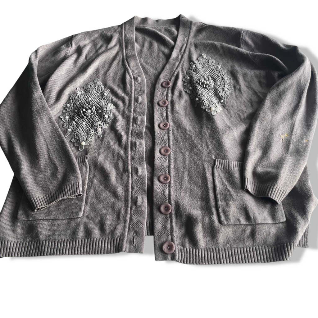 Vintage women cream button up double pocket knit sweater in L/XL| L25 W21|SKU 5604