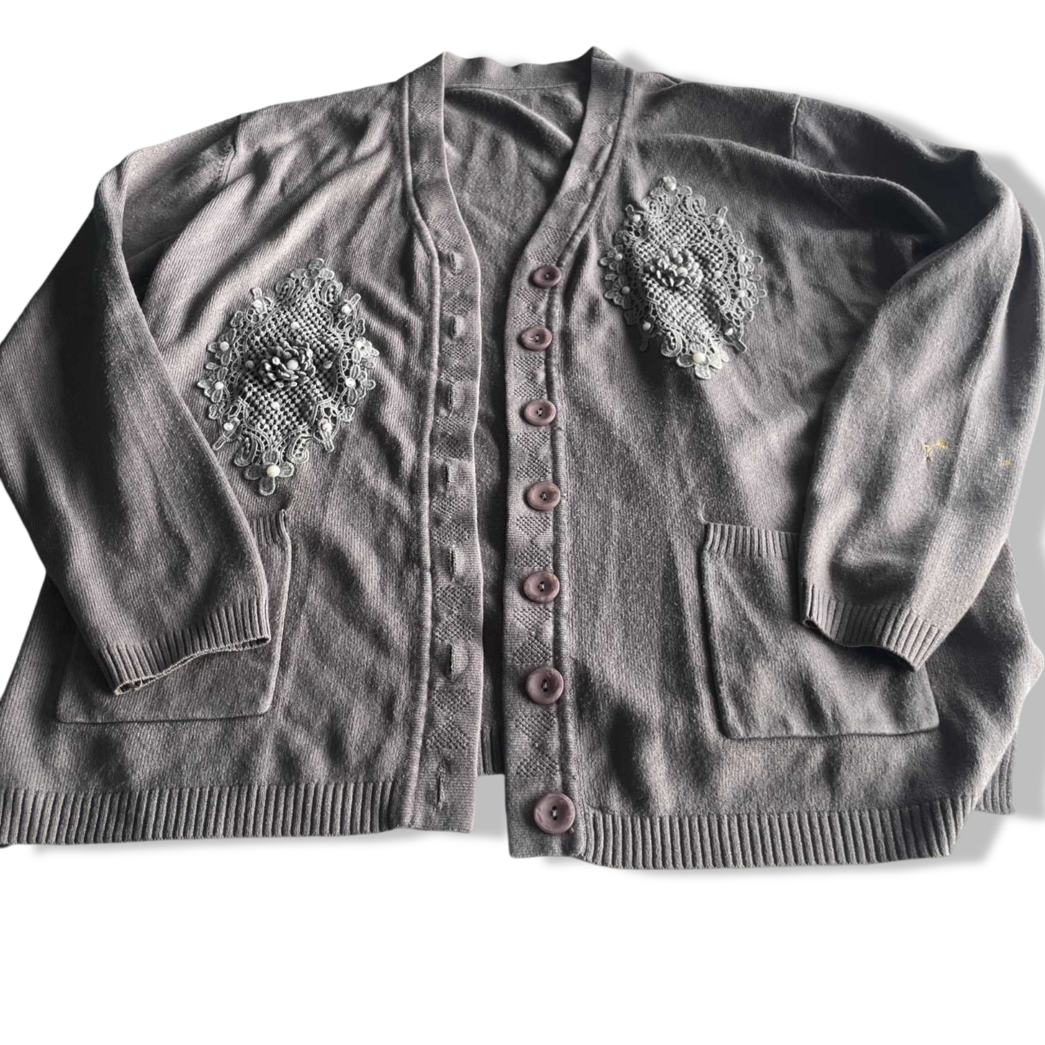 Vintage women cream button up double pocket knit sweater in L/XL| L25 W21|SKU 5604