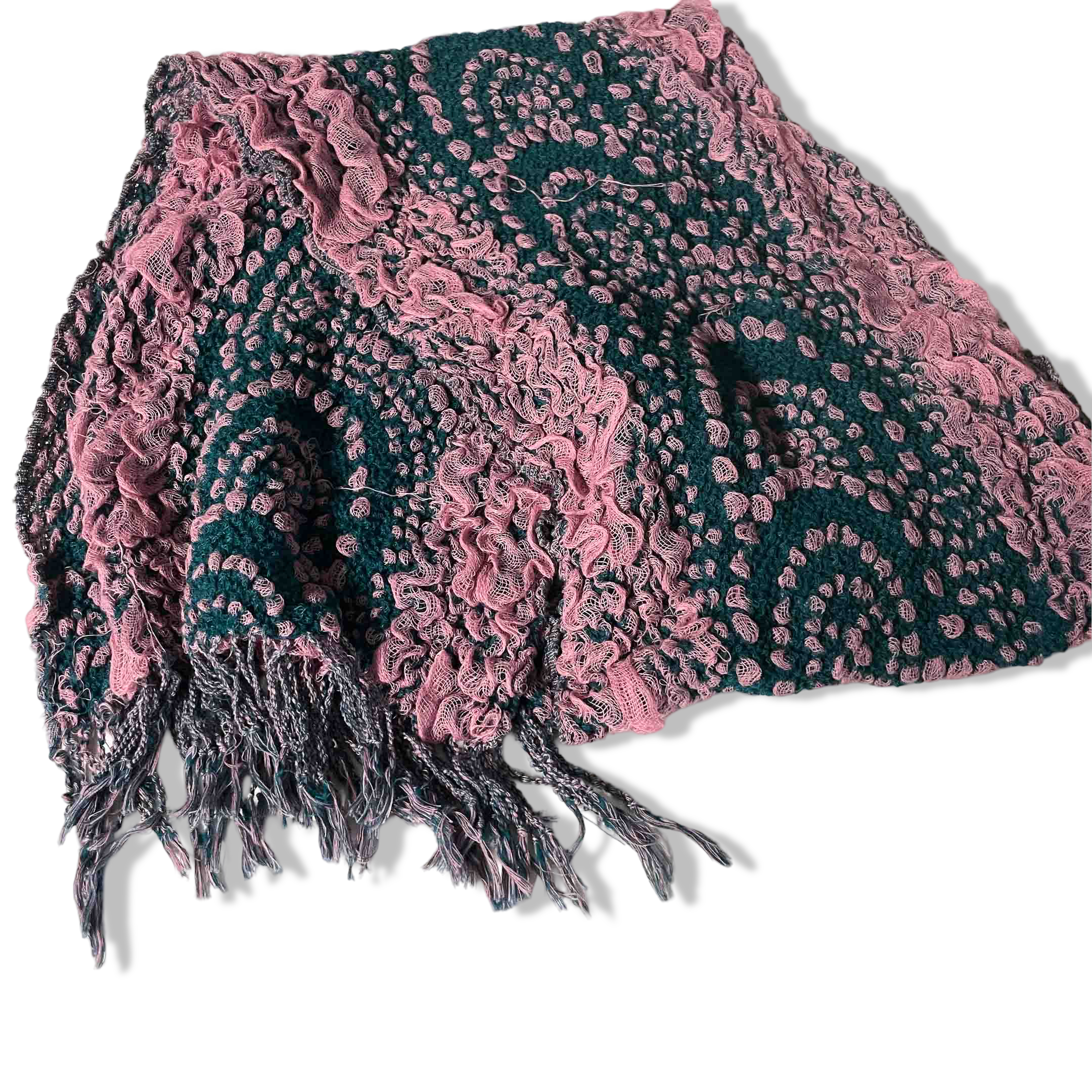 Vintage women green and pink pattern rayon scarf|L68 W12|SKU 6334