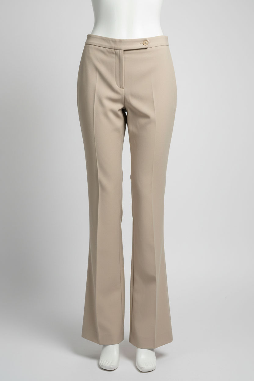 A pair of beige flared trousers displayed on a white mannequin against a light gray studio background.