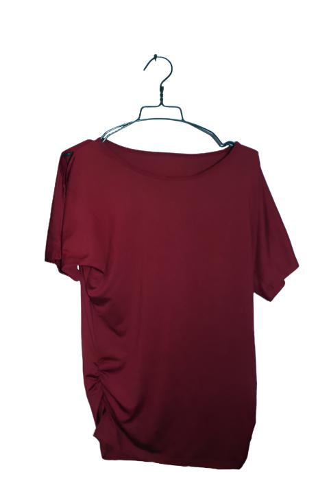 Vintage women short sleeve boat neck wine ruched side blouse in XL|L28 W15|SKU 6641