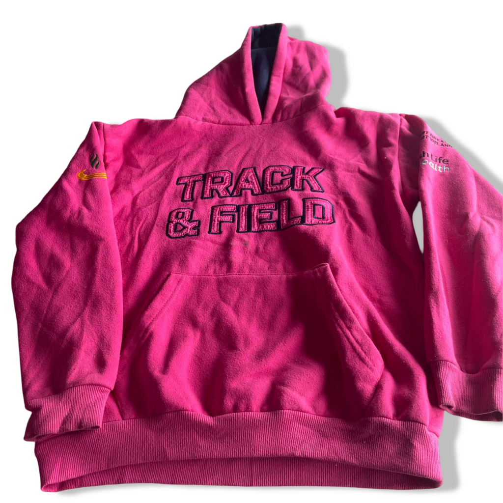 Vintage women track & field graphics pink hoodie in S|L22 W19| SKU 5588