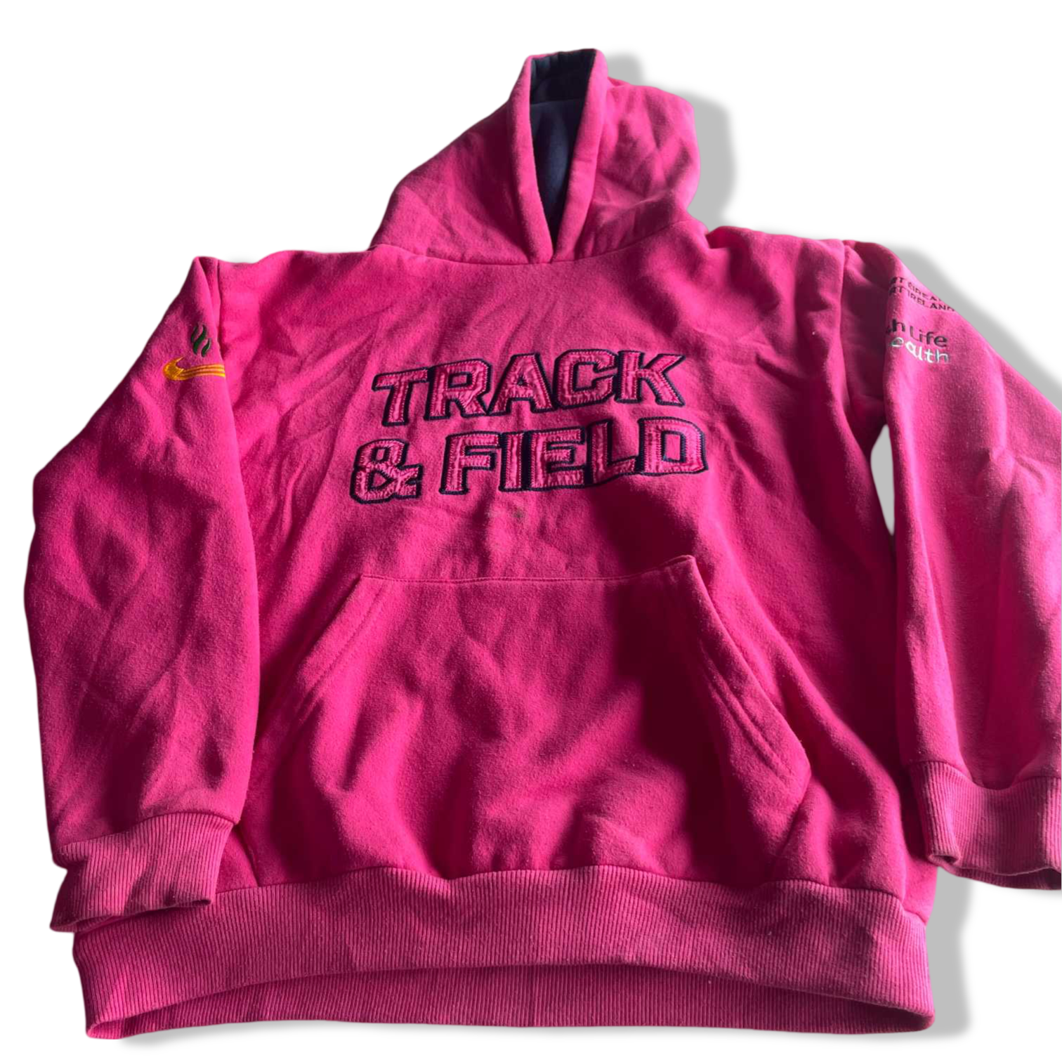 Vintage women track & field graphics pink hoodie in S|L22 W19| SKU 5588