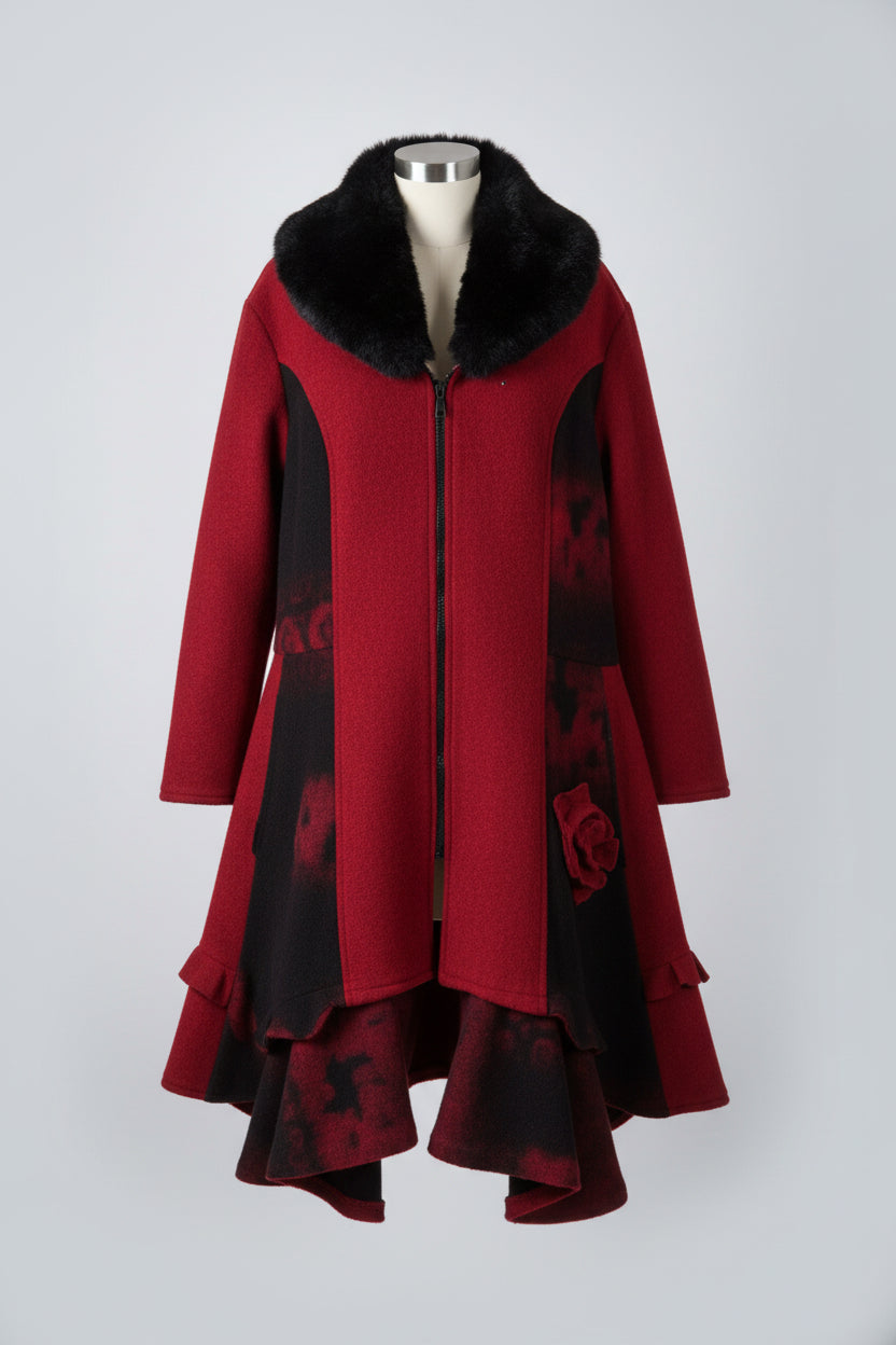 Vintage women winter red  fleece zipper long overcoat in M/L|L41 W24|SKU 6733
