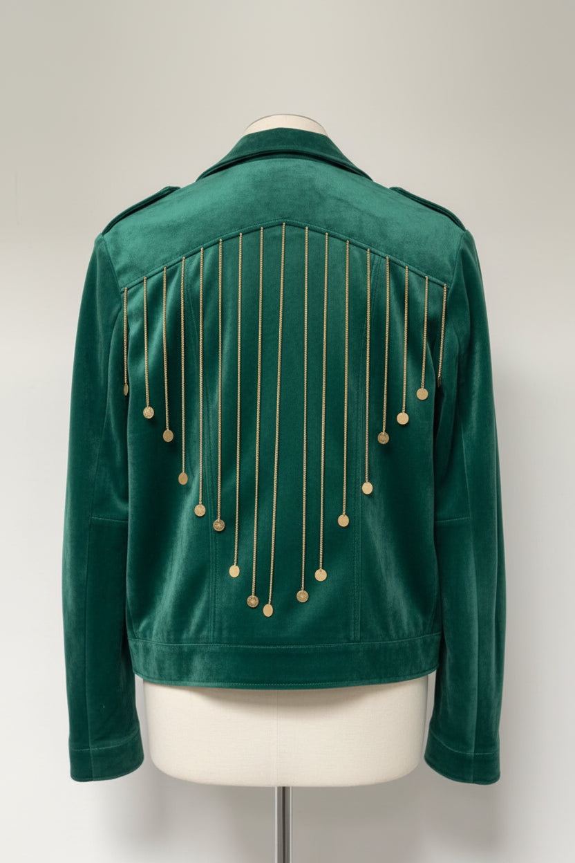 Vintage y2k Women Green Fringe Biker Jacket