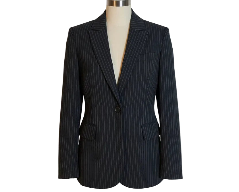 A black, pinstripe women's blazer hanging on a hanger against a white background.