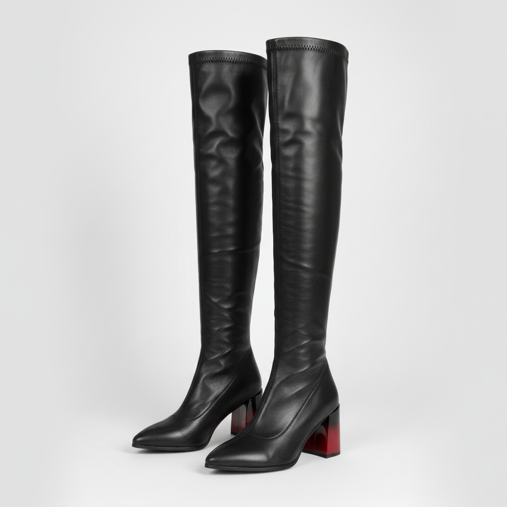 A pair of black leather over-the-knee boots with pointed toes and chunky block heels, featuring a distinctive red sole on the heel, photographed against a light gray studio background.
