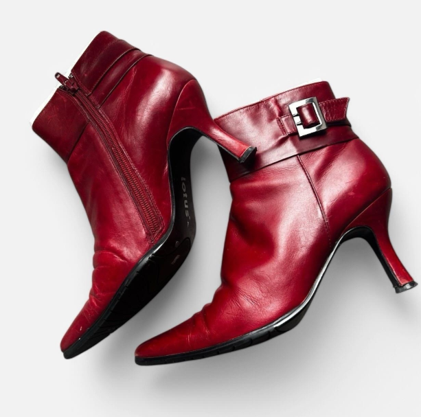 Women Lotus Red leather ankle boots with buckle  UK 4 US 7 SKU 6755
