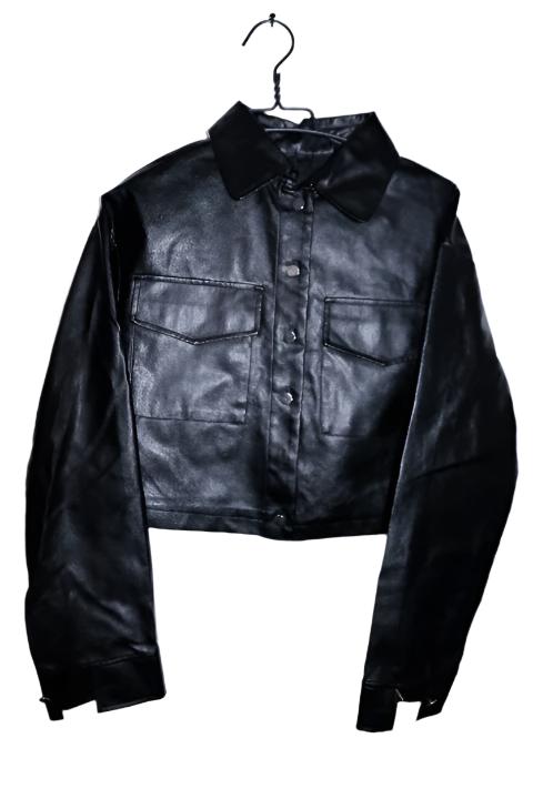 Women black Flap pocket genuine leather biker crop button down jacket M/L|L21W18|SKU 6698