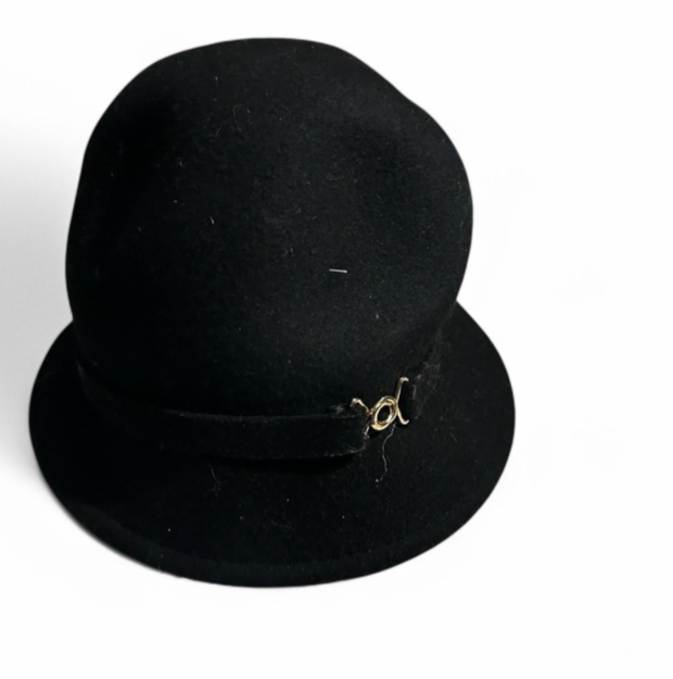 Women's 100% Wool Black Cloche buket Hat Gold crest Sku 6796