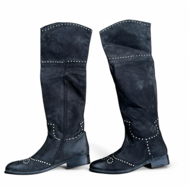 Women’s Black Leather Studded Over The Knee Moleskin Boots 41/8 Sku 6773