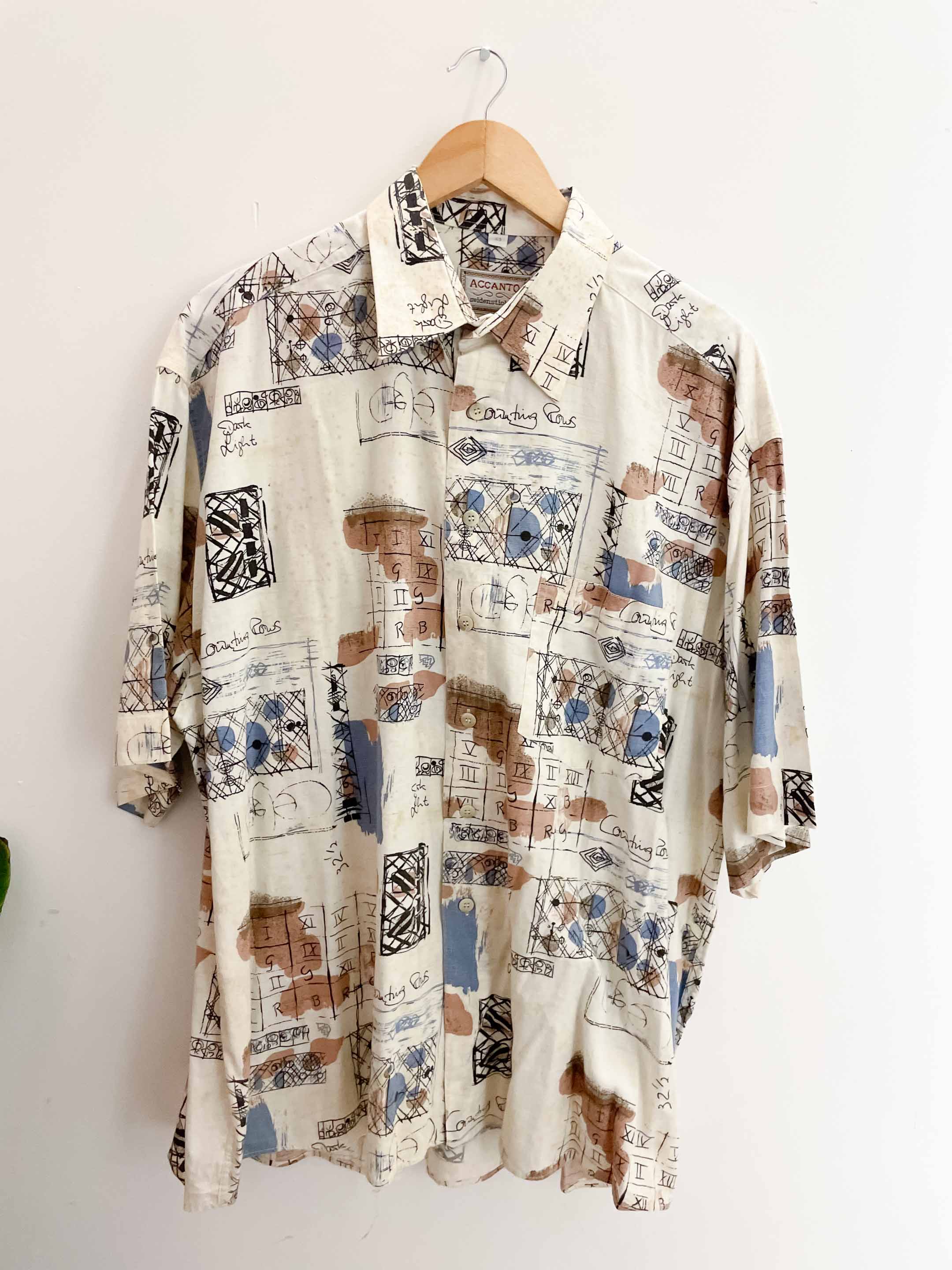 Vintage mens cream abstract printed pattern short sleeve shirt size M