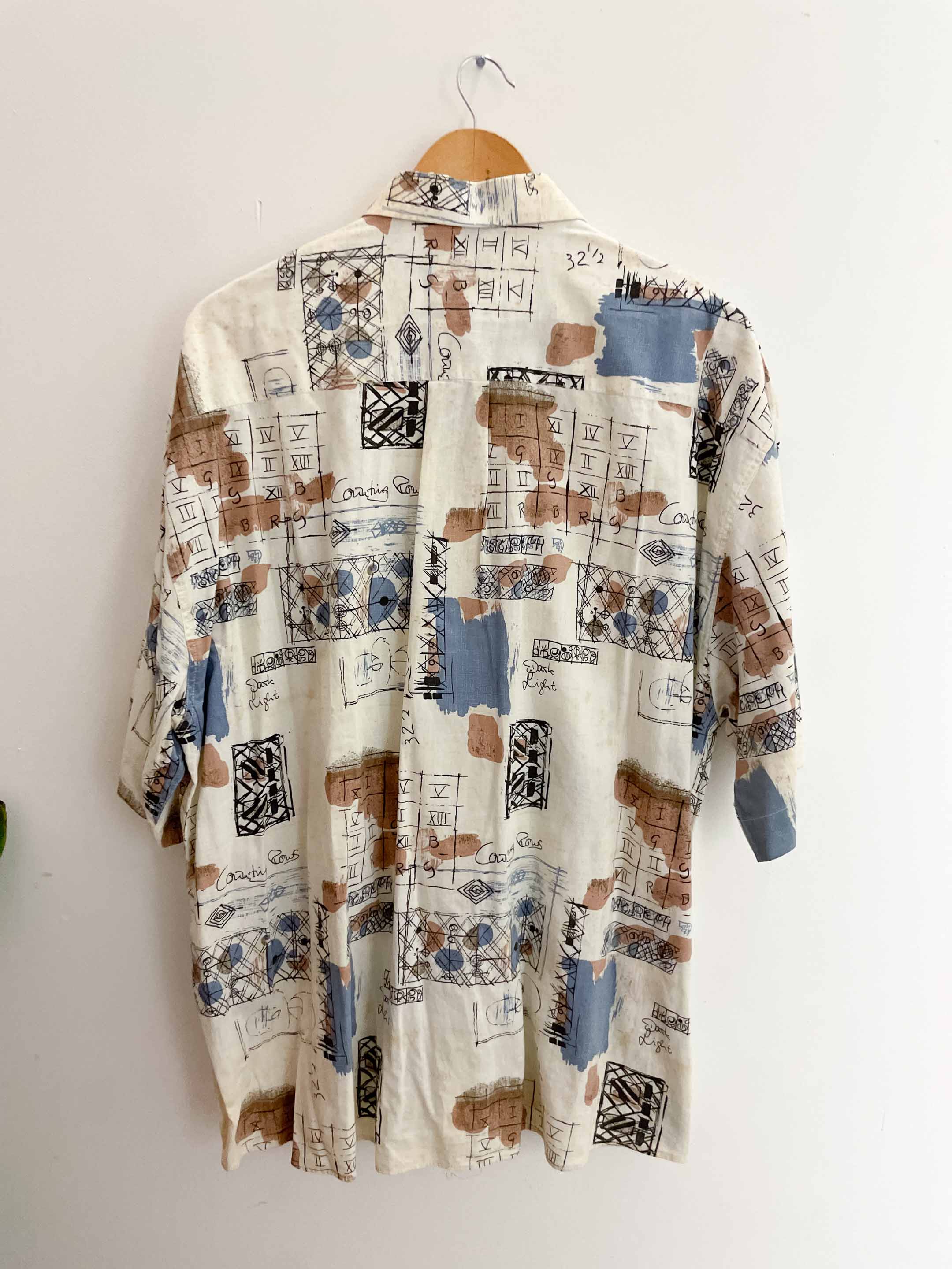 Vintage mens cream abstract printed pattern short sleeve shirt size M