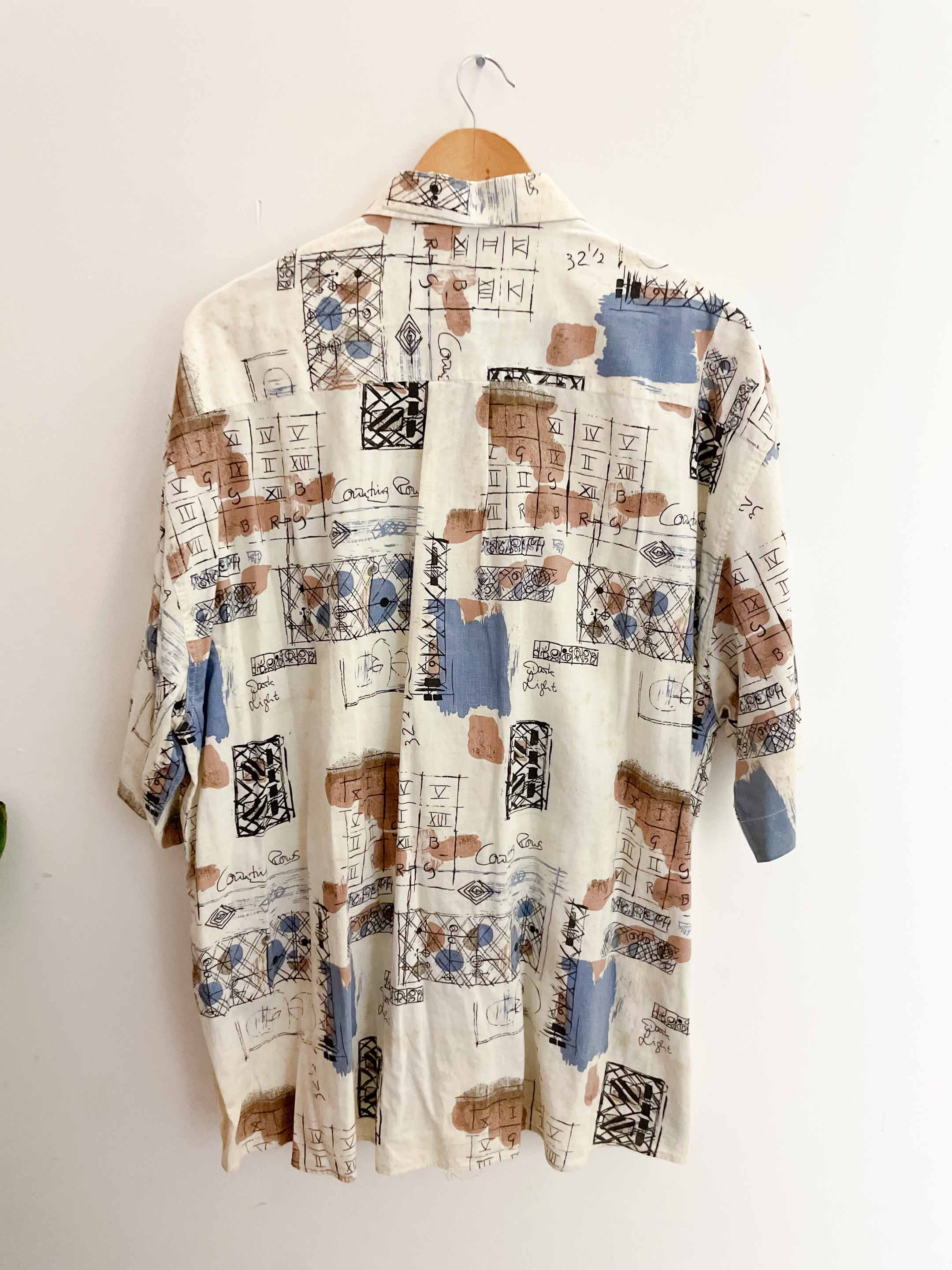 Vintage mens cream abstract printed pattern short sleeve shirt size M